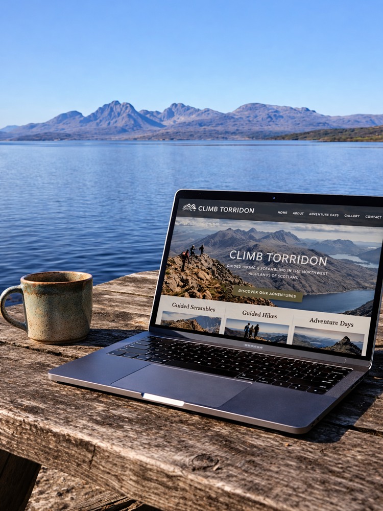 A laptop overlooking Gairloch pier representing Highland website design.
